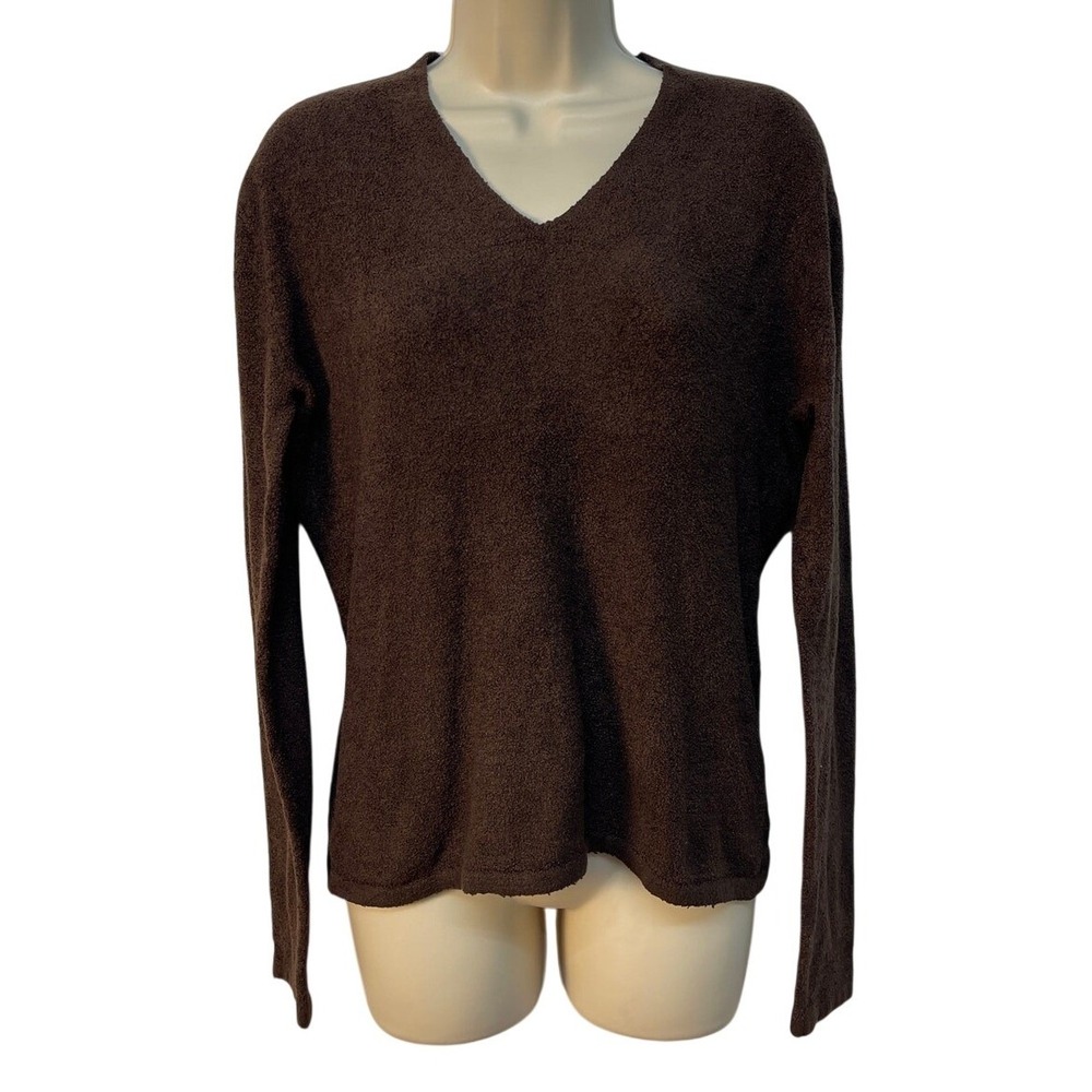 Olo Womens Brown Boucle Knit V-Neck Sweater Long Sleeve Top Size Large